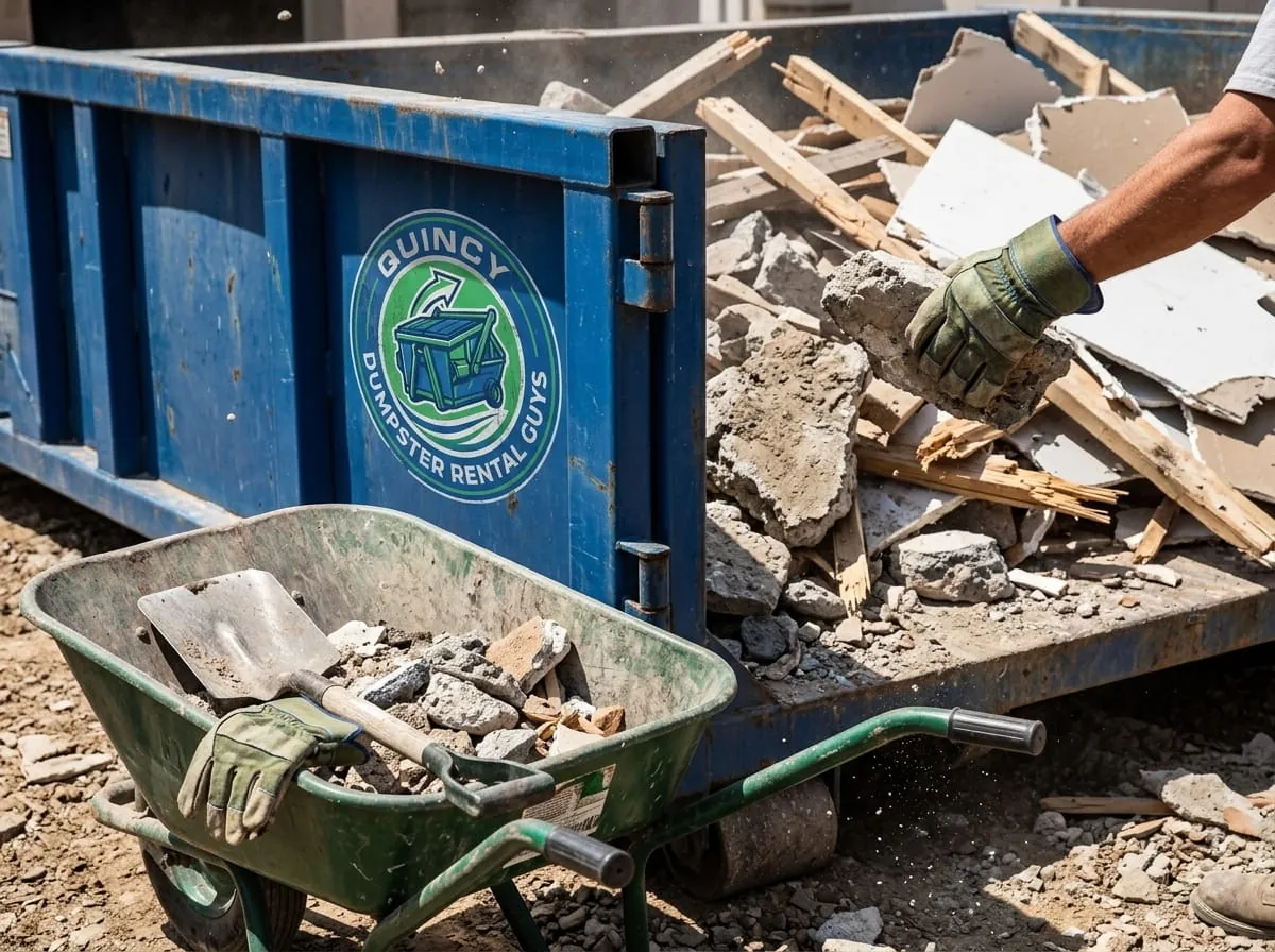 Close-up of rubble and a wheelbarrow beside a roll-off container