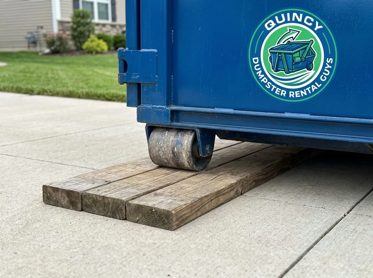 Close-up of a roll-off container wheel resting on timber driveway boards