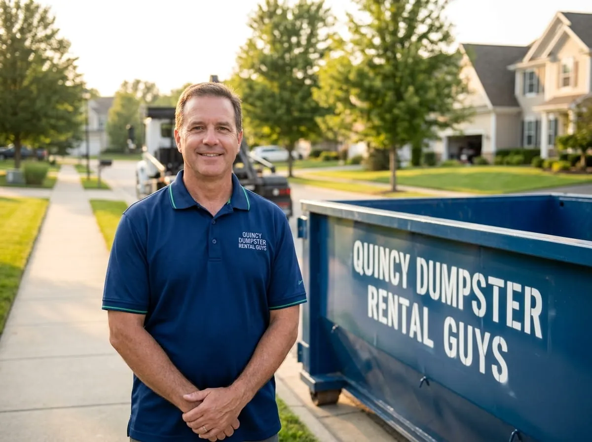 The Quincy Dumpster Rental Guys crew standing beside a roll-off truck and red dumpster in Quincy, IL The Quincy Dumpster Rental Guys crew standing beside a roll-off truck and red dumpster in Quincy, IL
